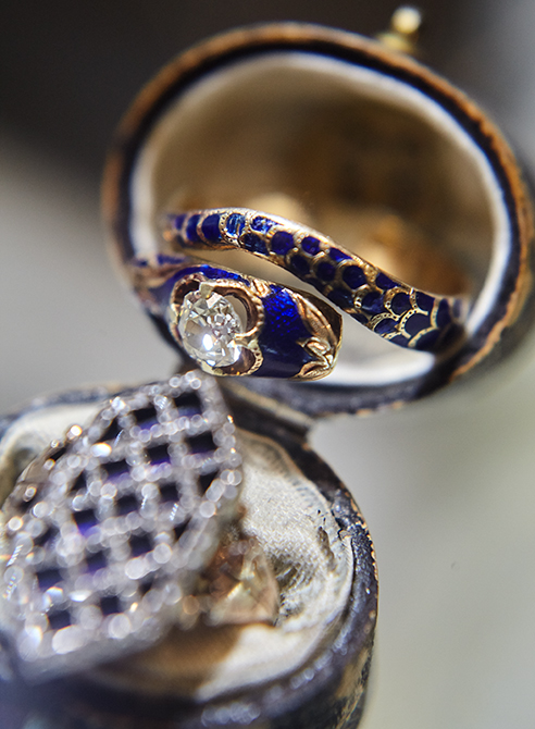 Blue enamel diamond serpent ring