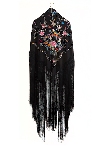 Antique black and floral shawl with tassels 