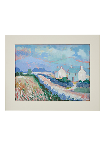 painting of cottages in landscape