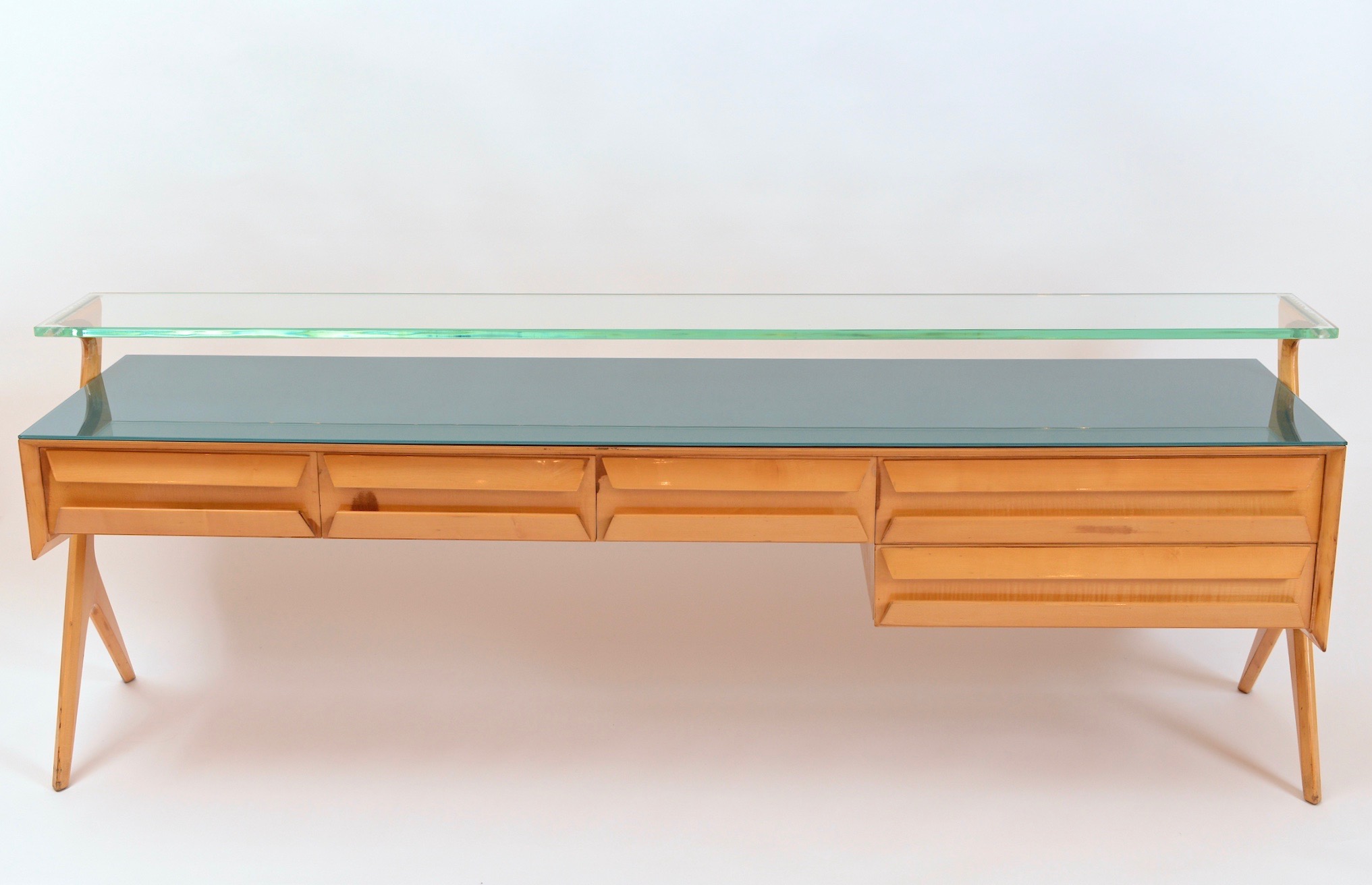 Maple credenza with turquoise back painted glass top