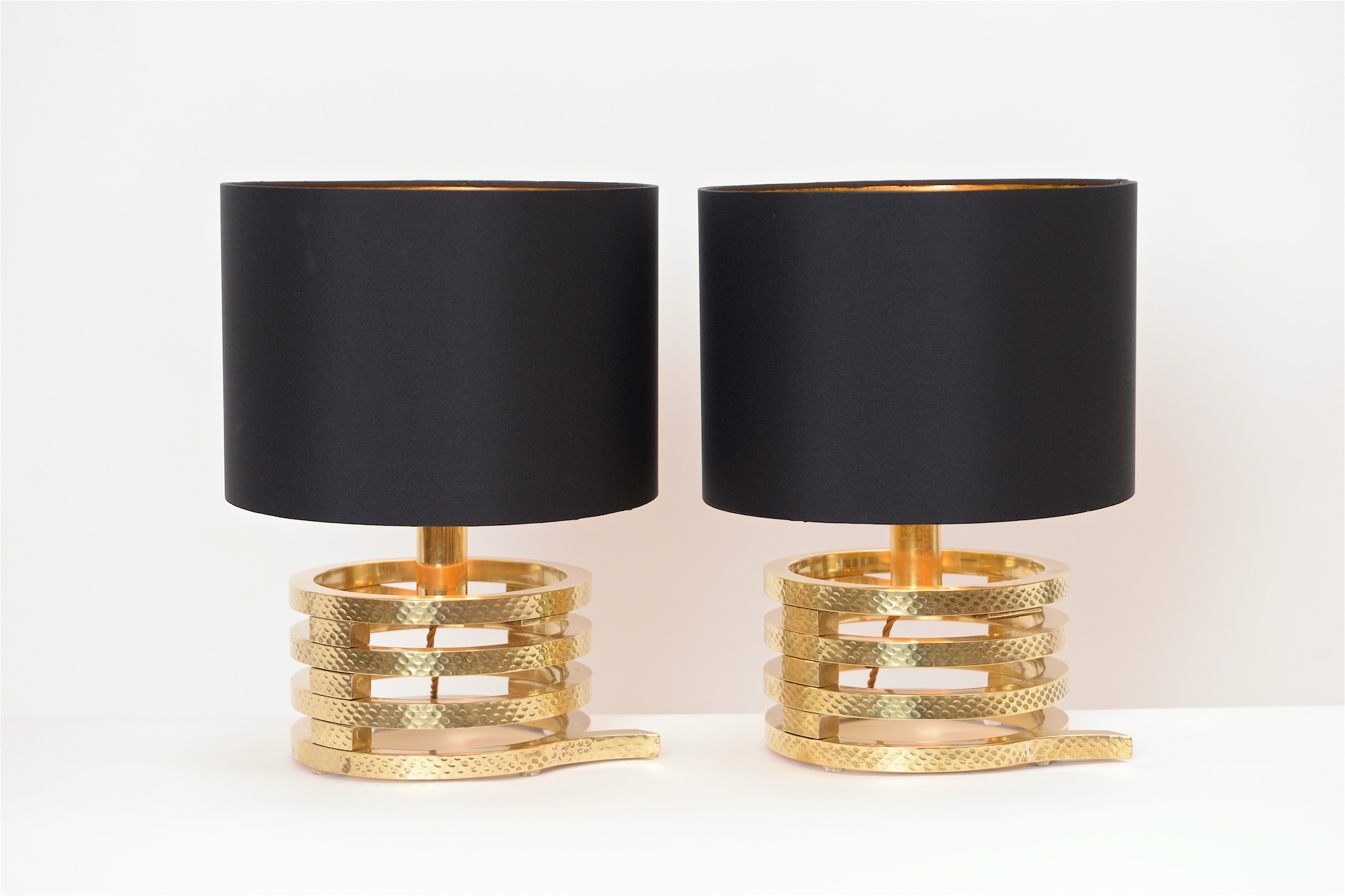 Pair of Solid Hammered Brass Table Lamps with Black Shades