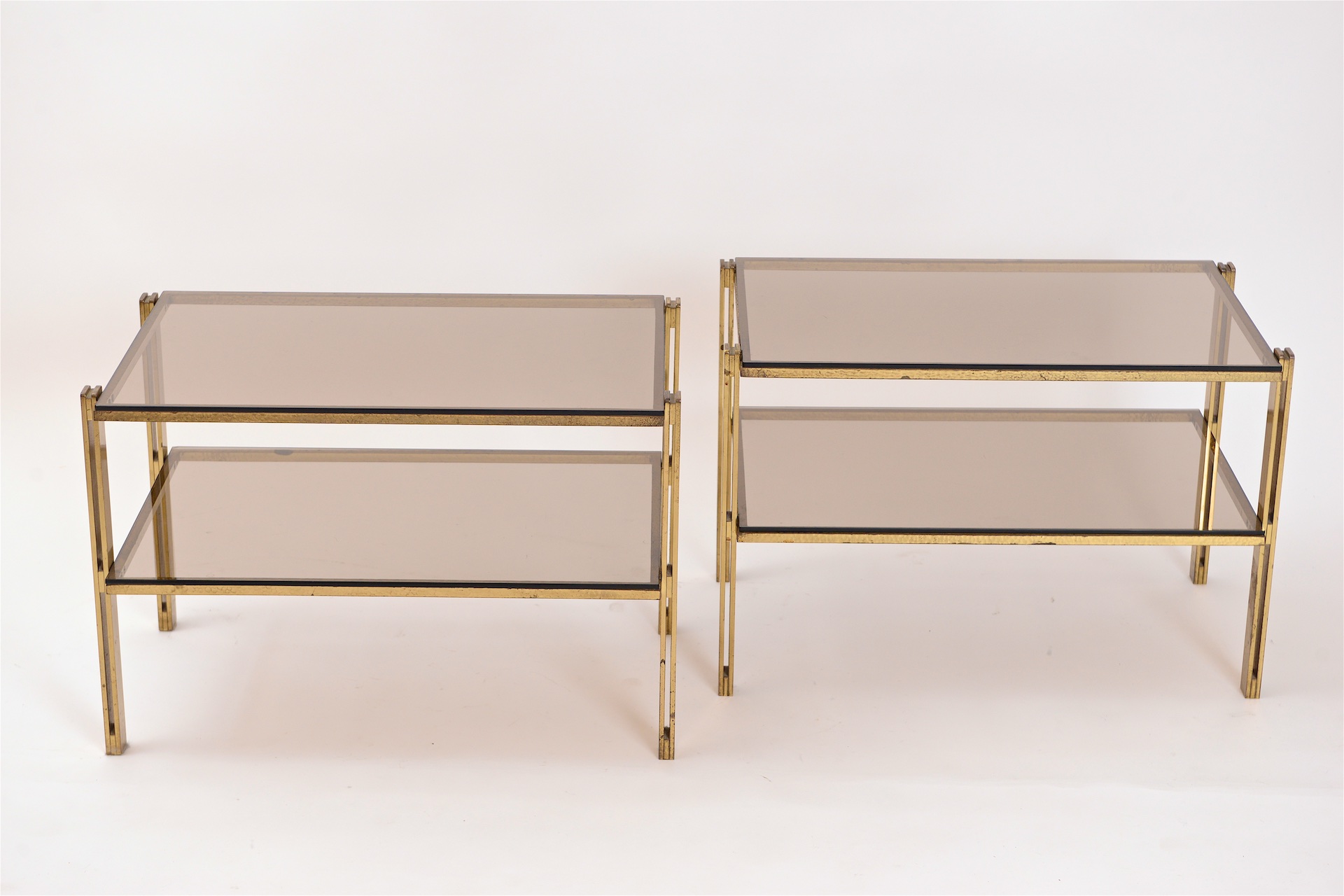 Pair of Two-Tier Fumé Glass and Brass Side Tables
