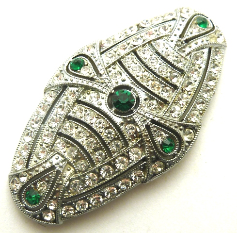 Art deco green white diamante brooch
