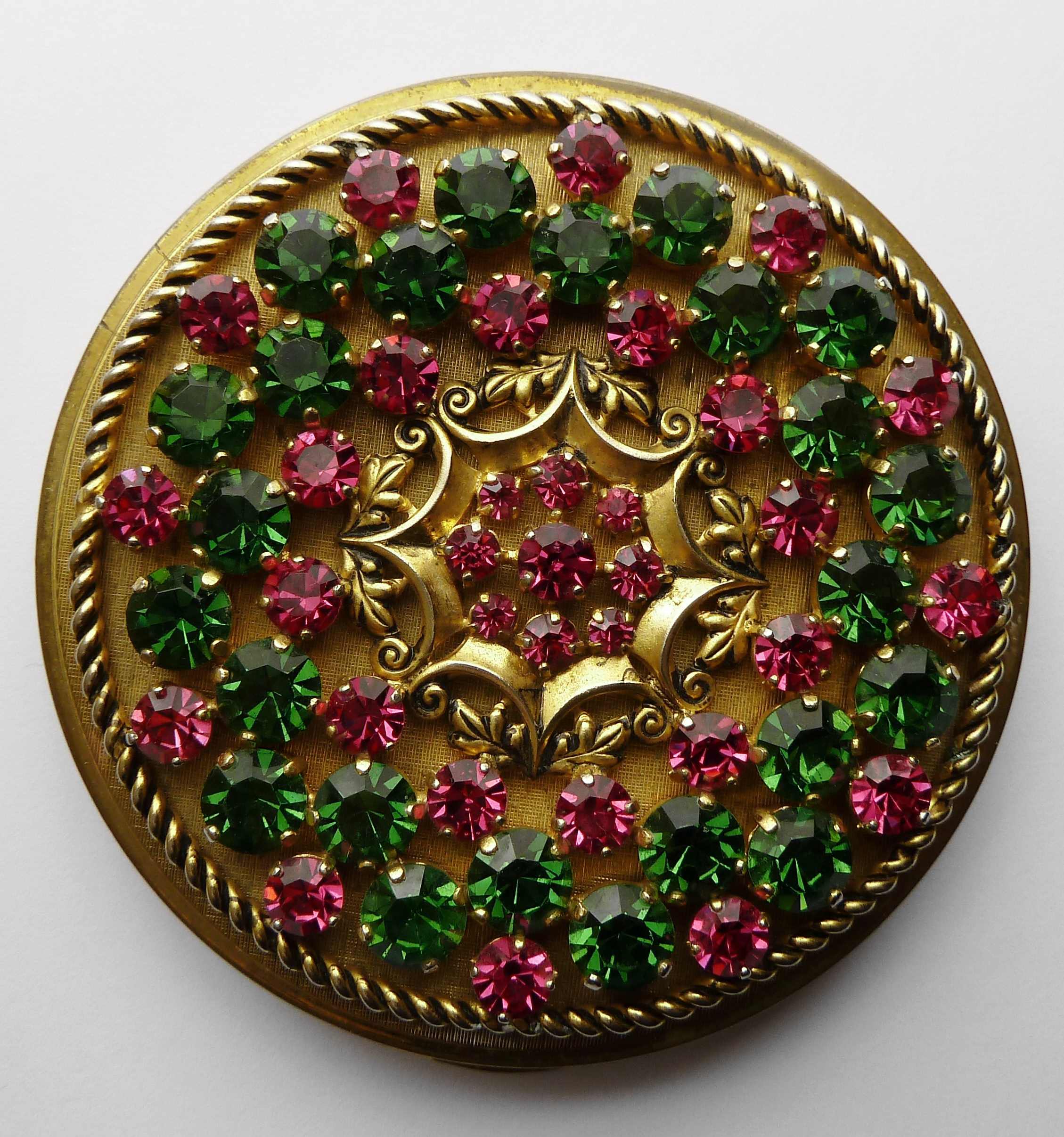 red green stones vintage powder compact