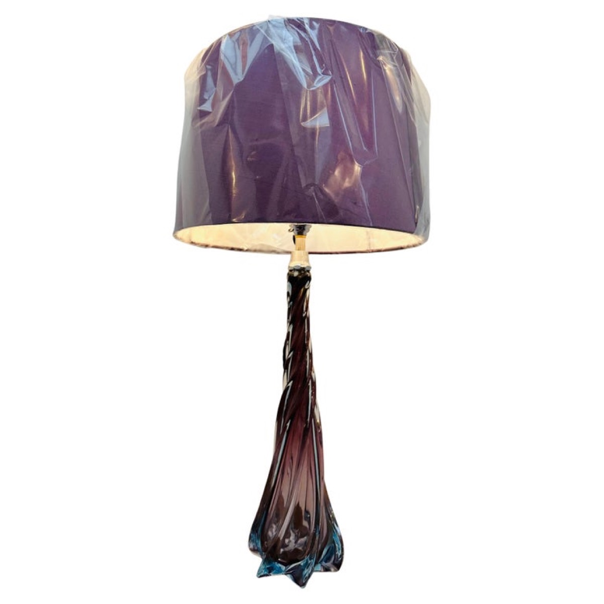 1950s Belgium Val St Lambert Style Purple Blue & Clear Glass Swirled Table Lamp