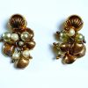 vintage pearl and gold tone seashells clip earrings