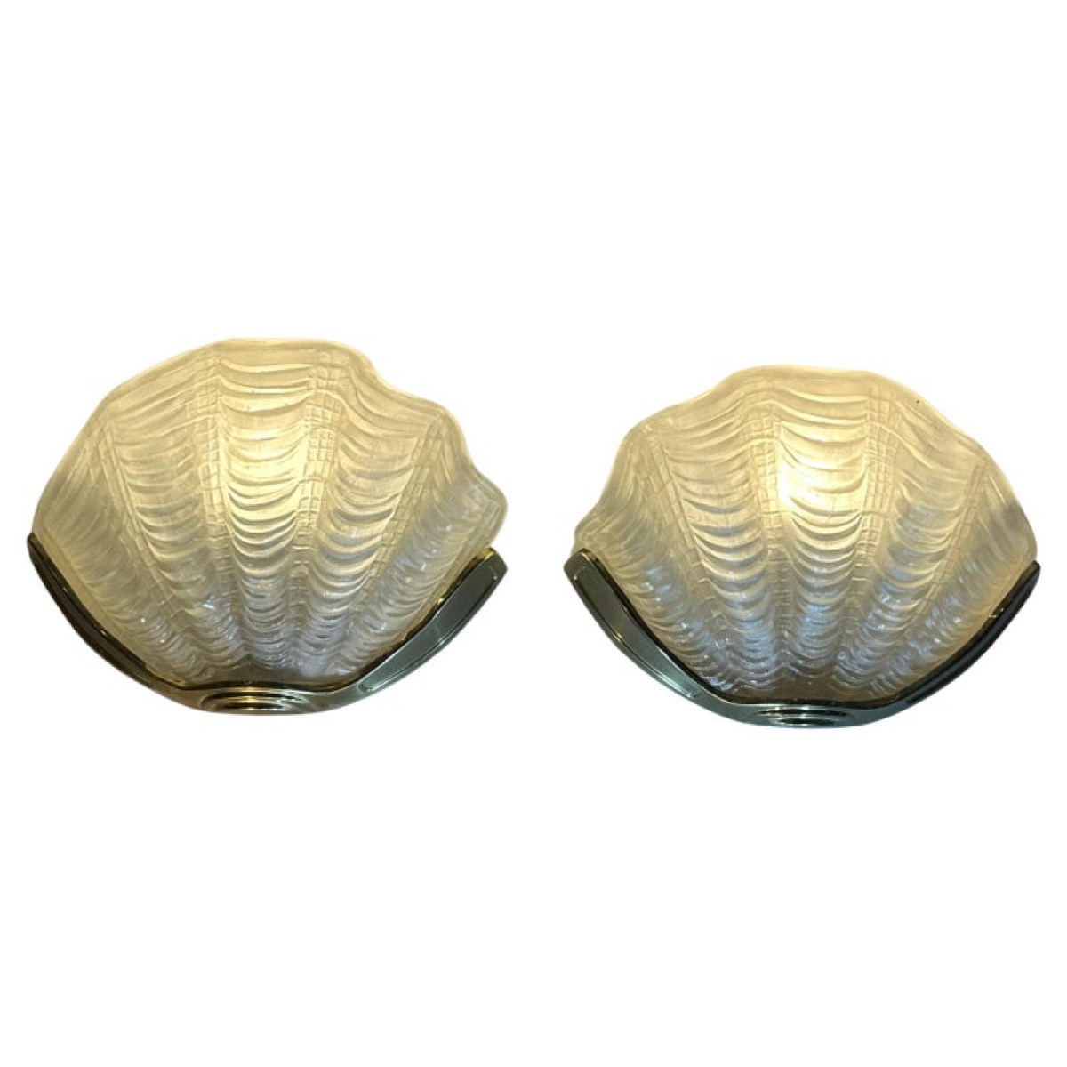 Pair of 1920s Art Deco Frosted Glass Clam & Brass Shell Wall Lights or Sconces